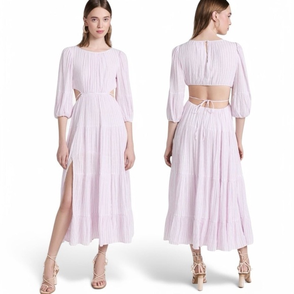 Cinq a Sept Seersucker Midi Dress Size 6 Lavender Smocked Elastic Waist - Picture 1 of 15